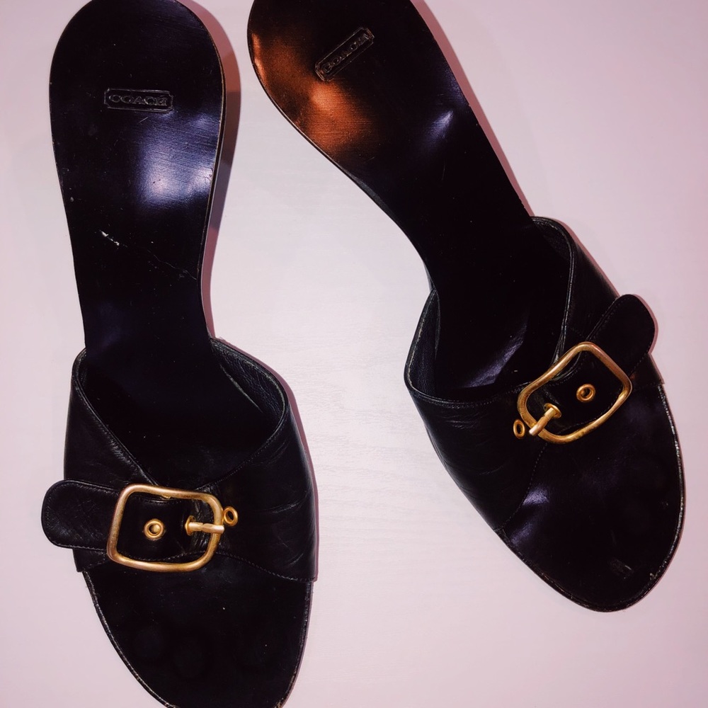 Coach mini wedge heel slides with a gold buckle